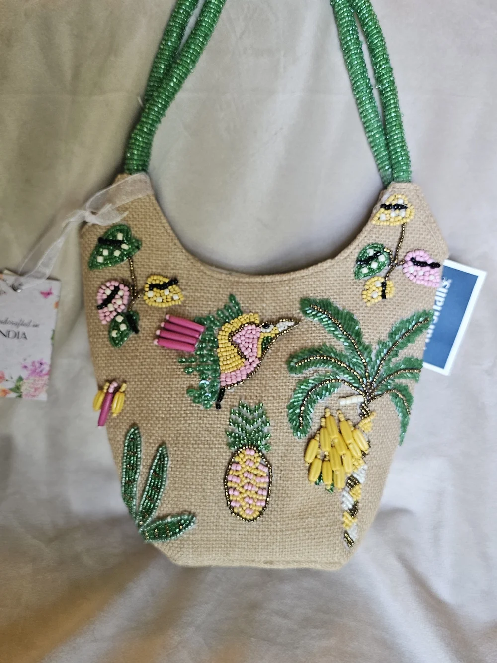 Hand-Beaded Tropical Shoulder Bag in Natural and Green